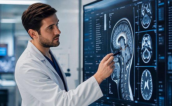 Médico neurólogo revisando imágenes cerebrales